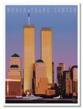 A print of the World Trade Center skyline featuring the Twin Towers, surrounded by other buildings, with a body of water and boats in the foreground.